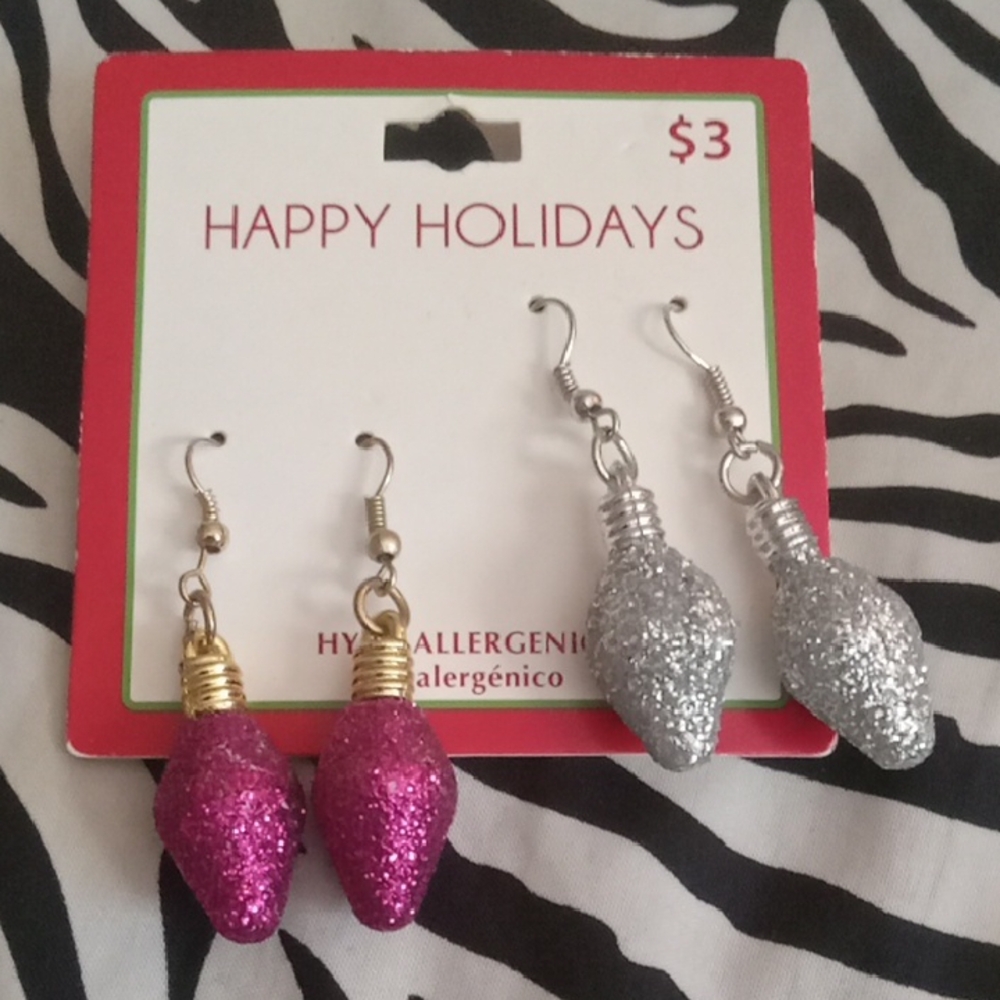 Happy Holidays Glitter Earrings Set - Pink and Silver
